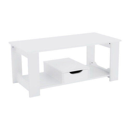 Living And Home (White) 2 Tier Wood Coffee Table Rectangle with Storage Shelf Tea Table Central Table 2