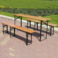A177-053 BIRCHTREE Outdoor Wooden Folding Beer Table Bench Set - 1 Table + 2 Benches, Steel Legs, Fir Wood, Patio/Garden