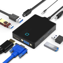 8 in 1 Portable Docking Station Hub with Type C to 4K HDMI 1080P VGA 4*USB 3.0 Audio HDMI Interface External Power Plug for Laptop Phone Pad