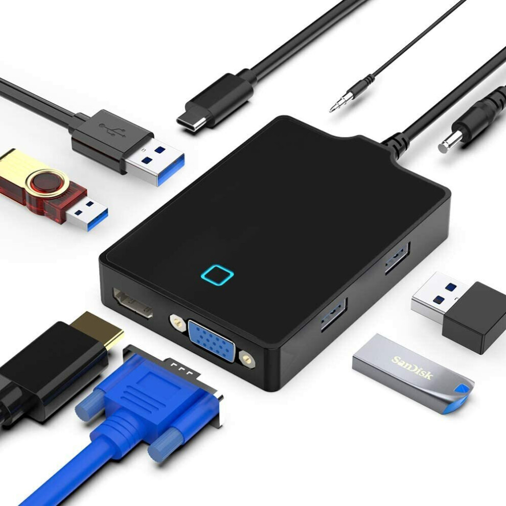 8 in 1 Portable Docking Station Hub with Type C to 4K HDMI 1080P VGA 4*USB 3.0 Audio HDMI Interface External Power Plug for Laptop Phone Pad