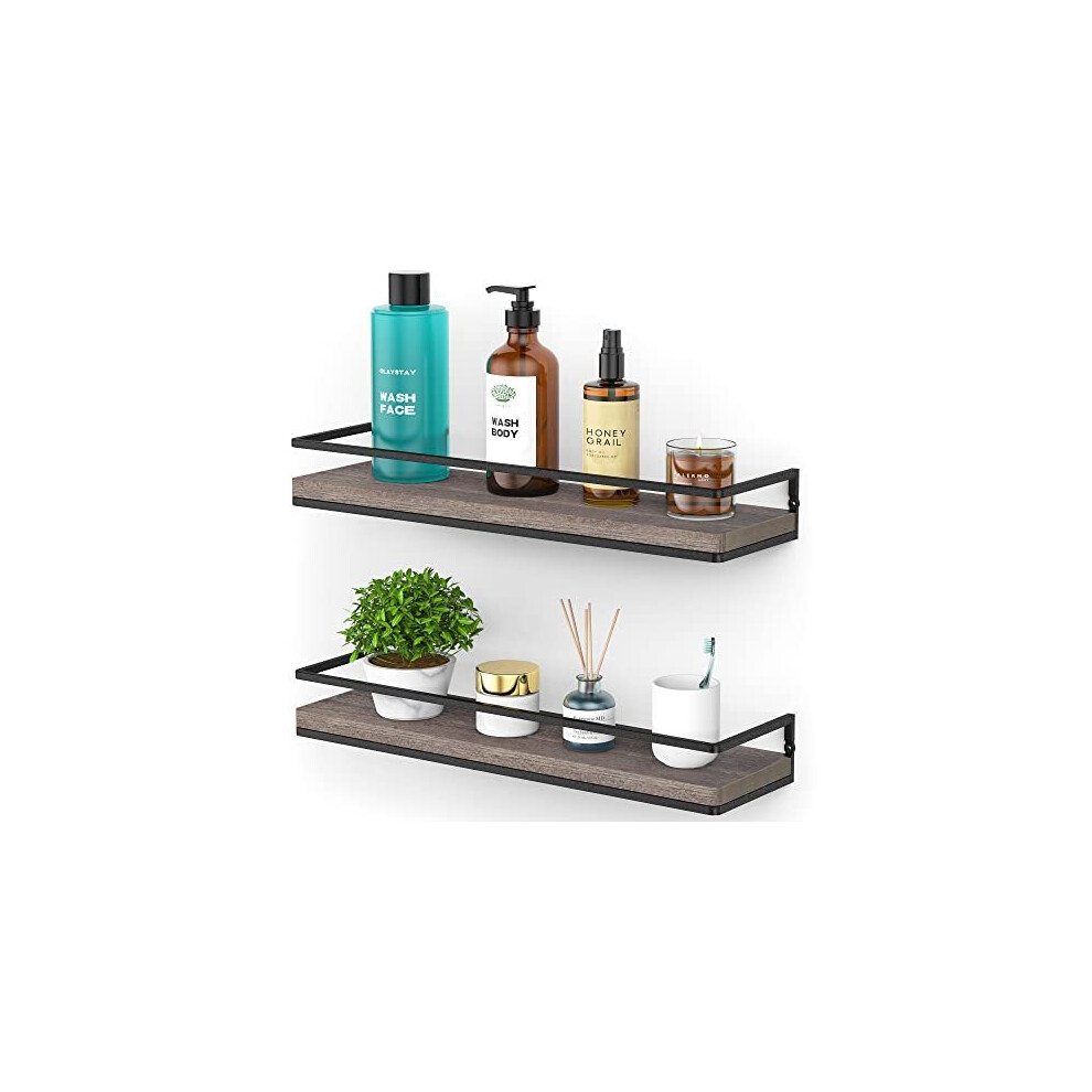 Meangood Floating Shelves Wall Mounted Set of 2, Rustic Wood Wall Storage Shelves for Bedroom,Living Room,Bathroom, Kitchen Walnut