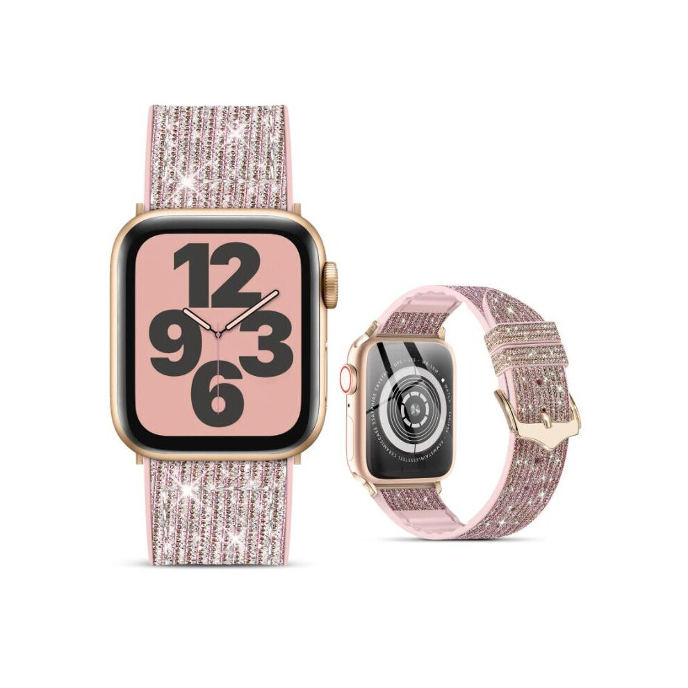 (38mm/40mm/41mm, Rose Gold) Glitter Leather Strap Silicone Band for Apple Watch Series 38 40 41 42 44 45 mm