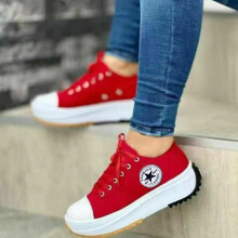 (Red, 42) Canvas Shoes Women Fashion Trainers Sneakers Platform Lace Up Trainers Casual