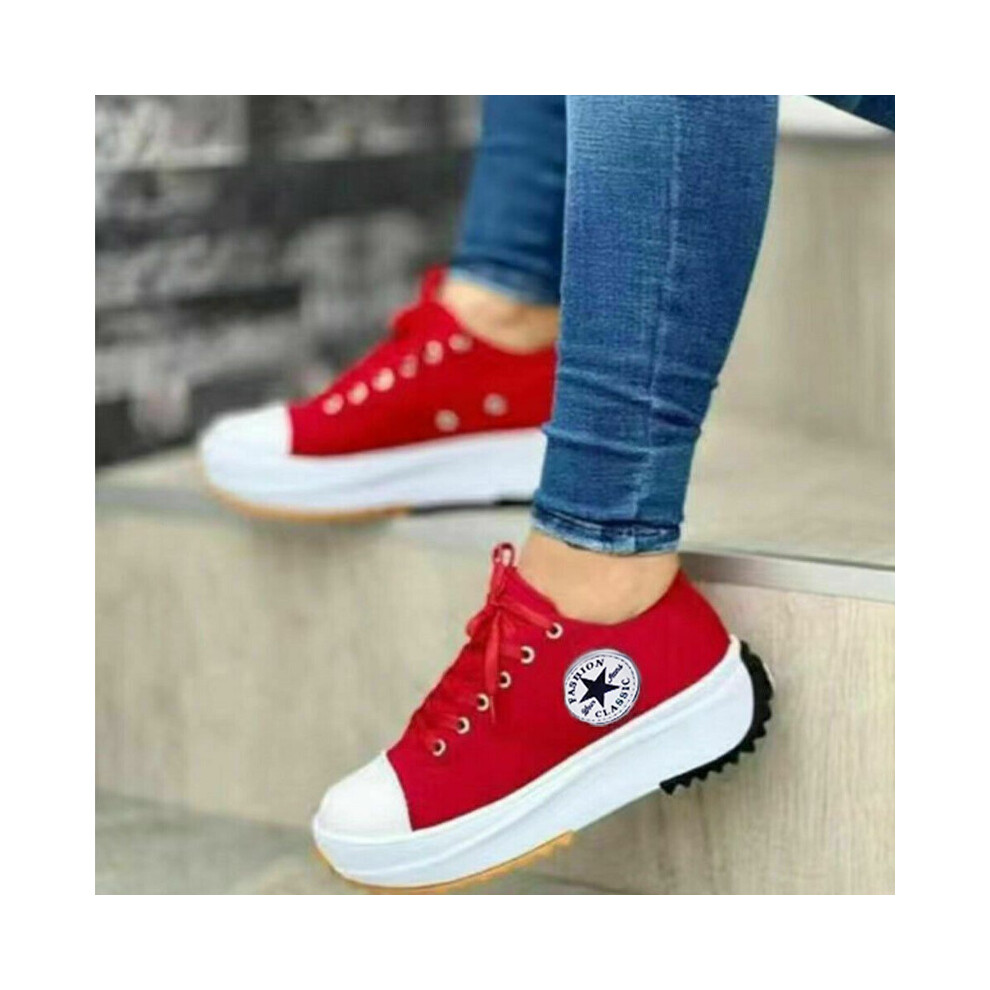 (Red, 42) Canvas Shoes Women Fashion Trainers Sneakers Platform Lace Up Trainers Casual