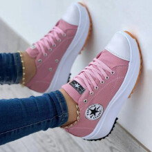 (Pink, 42) Canvas Shoes Women Fashion Trainers Sneakers Platform Lace Up Trainers Casual