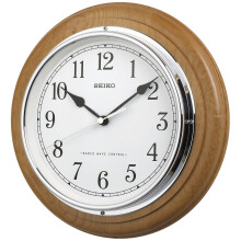 Seiko QXR129S Pine Round Wall Clock - Radio Controlled, White Dial, Black Arabic Numerals, Silver Bezel