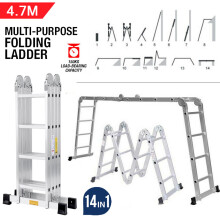 4.7m Folding Aluminum Ladder - 14-in-1 Multi-Purpose Telescoping, 16-Step Design, CE EN131 Certified, Rustproof & Lightweight