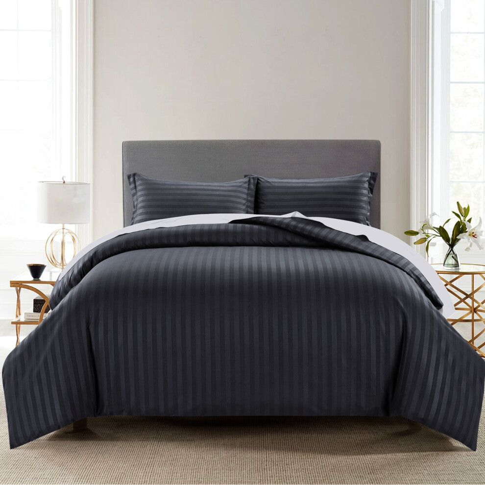 (Black, Single) Stripe Duvet Cover Set Bed Quilt & Pillowcase Pair