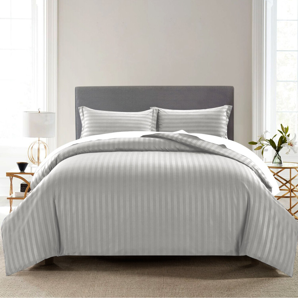 (Grey, Single) Stripe Duvet Cover Set Bed Quilt & Pillowcase Pair