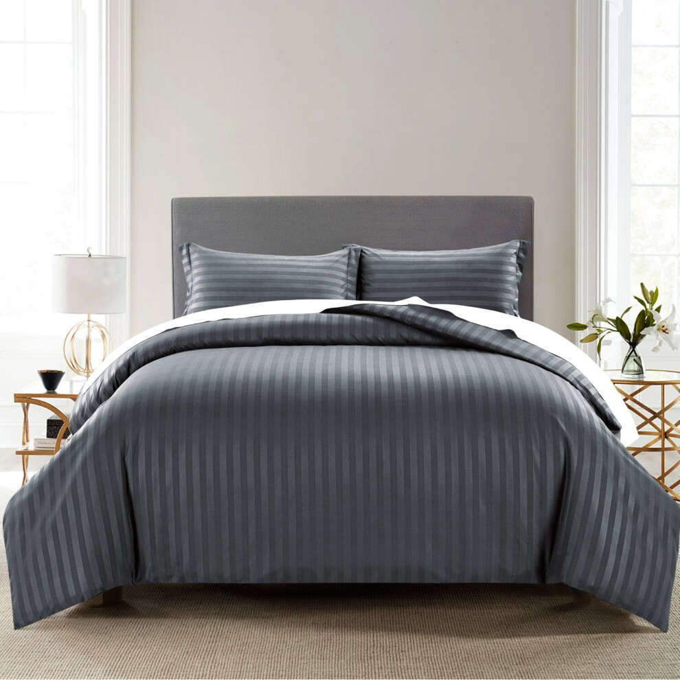 Imperial Rooms (Charcoal, King) Stripe Duvet Cover Set Bed Quilt & Pillowcase Pair Grey