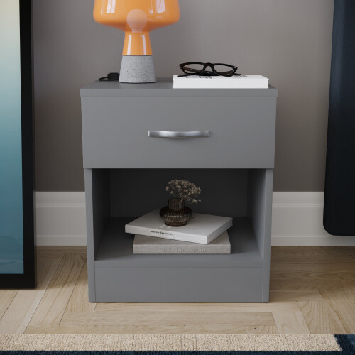 Home Discount (Grey) Riano 1 Drawer 1 Shelf Bedside Chest Nightstand 2