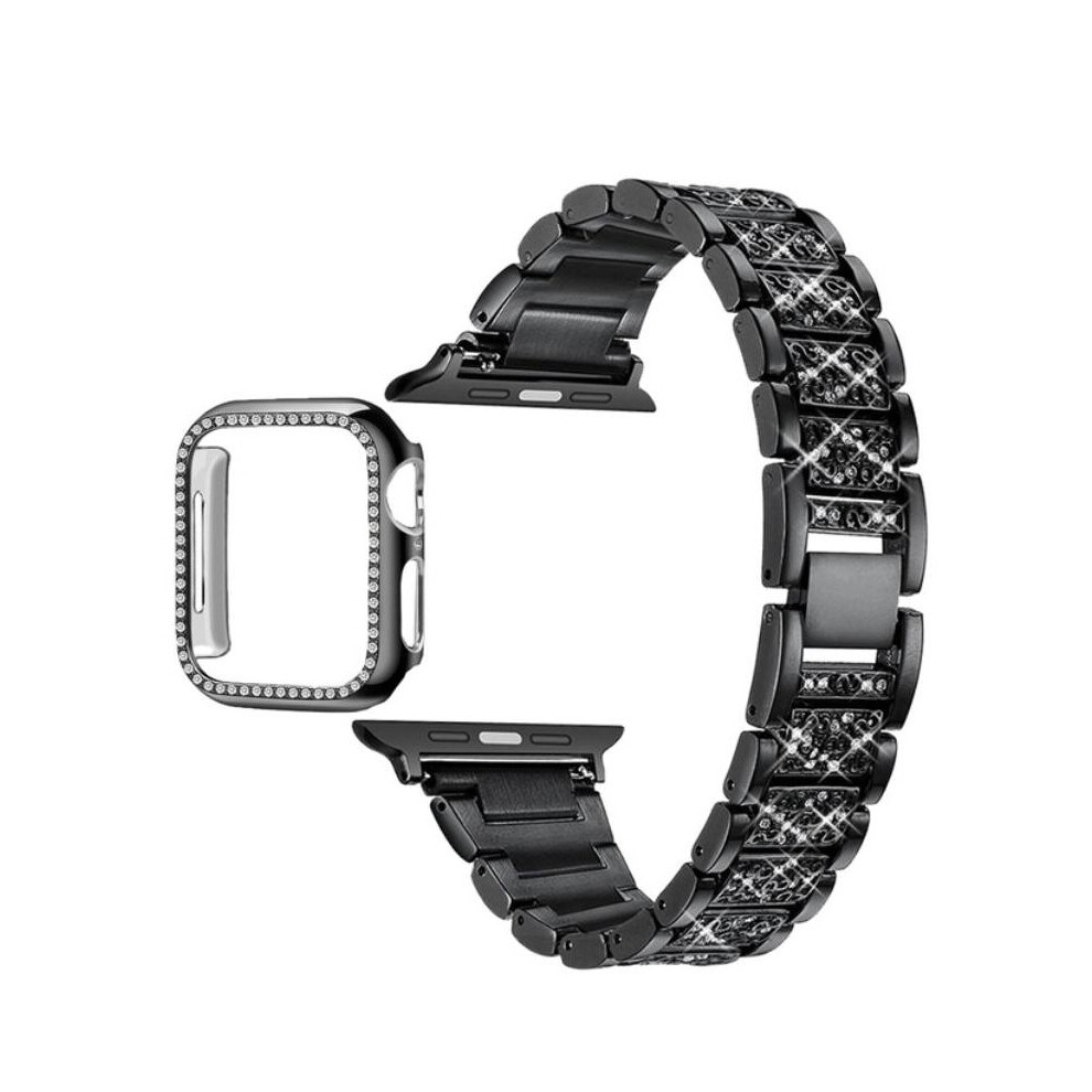 (Black, for iWatch 44 mm) Diamond Strap & Bling PC Bumper Case for Apple Watch Series SE 6 38 40 42 44 mm