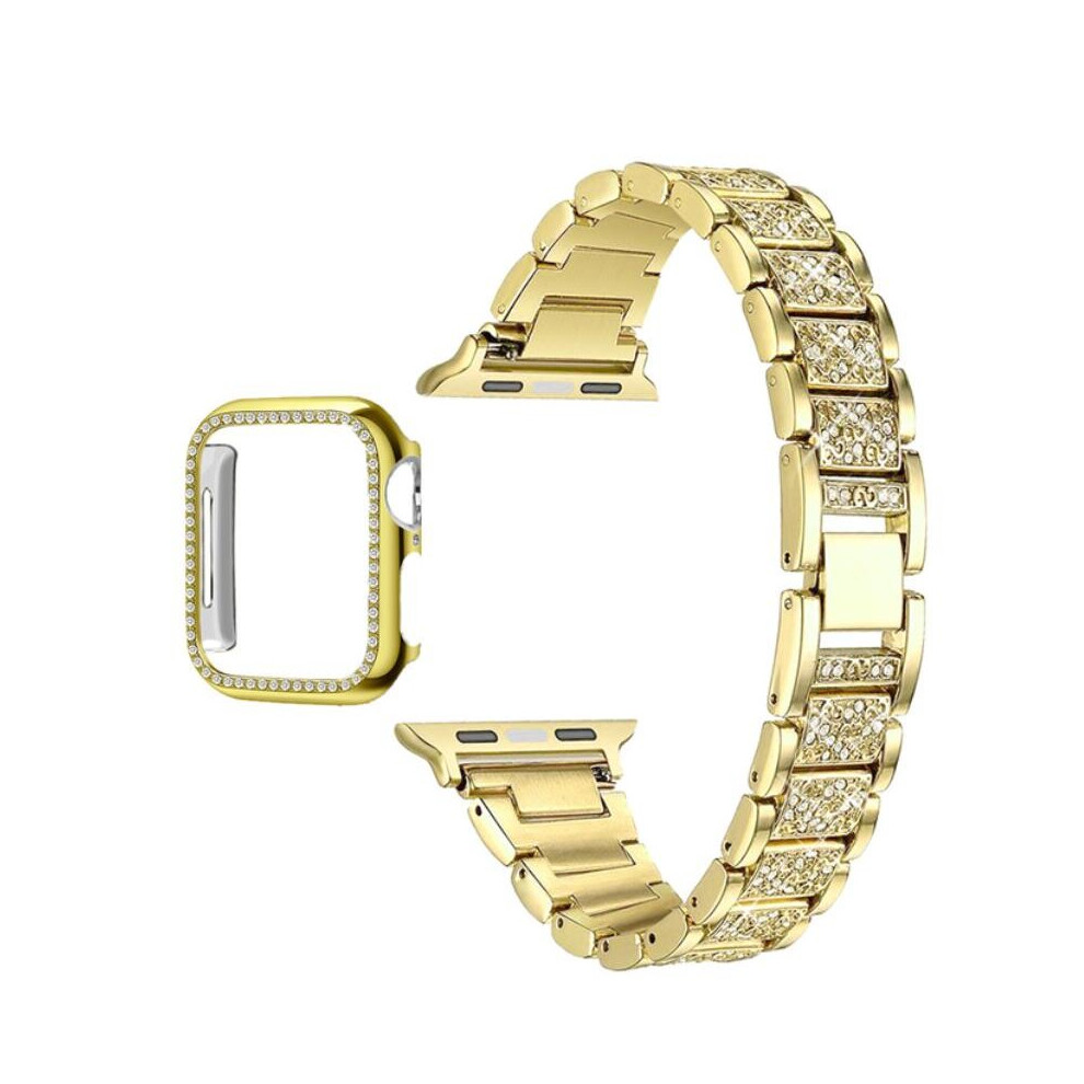 (Gold, for iWatch 40 mm) Diamond Strap & Bling PC Bumper Case for Apple Watch Series SE 6 38 40 42 44 mm