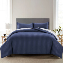 (Navy Blue, Single) Stripe Duvet Cover Set Bed Quilt & Pillowcase Pair