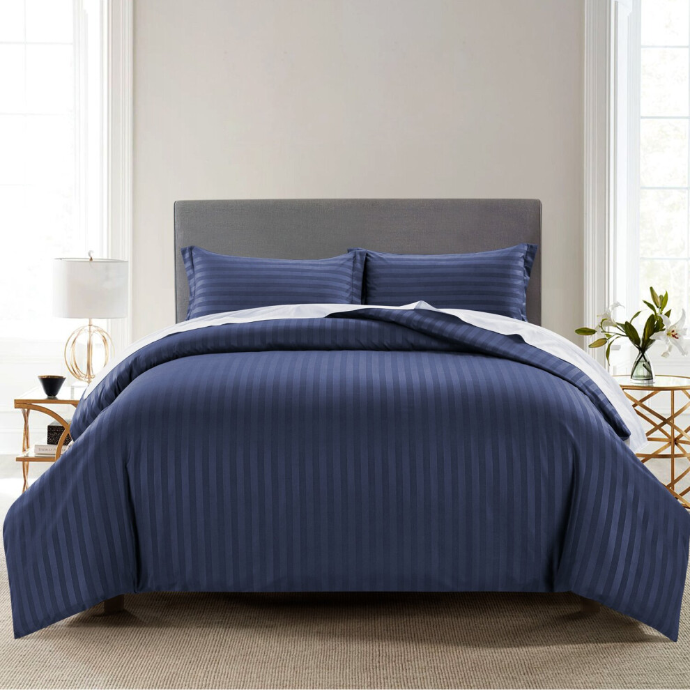 (Navy Blue, Double) Satin Striped Duvet Covers & Sets Reversible Quilt Cover Soft Anti-Allergy Hotel Quality 3PC Bedding Set All UK Sizes