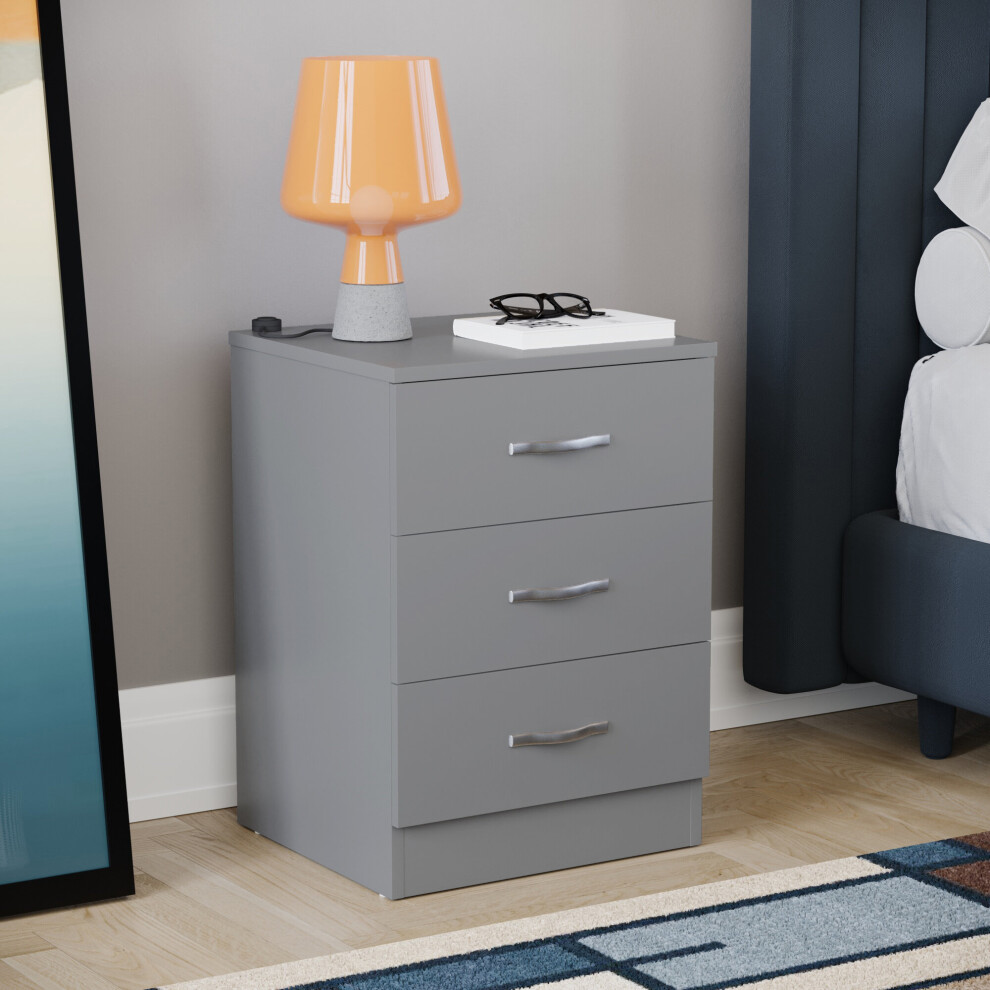 (Grey) Riano 3 Drawer Bedside Chest Bedside Table Storage