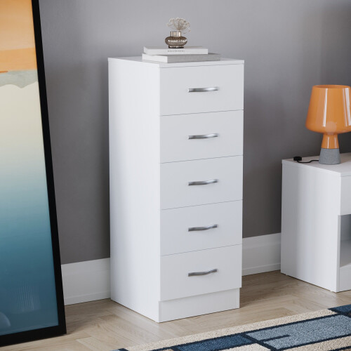 (White) Riano 5 Drawer Narrow Chest Bedroom Storage Unit on OnBuy