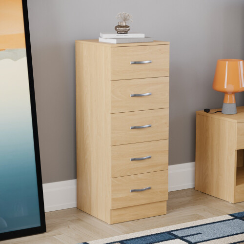 Vida Designs (Pine) Riano 5 Drawer Narrow Chest Bedroom Storage Unit