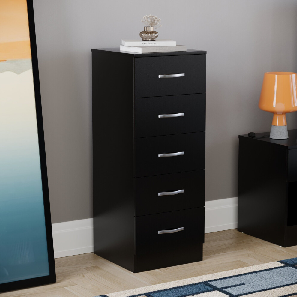 (Black) Riano 5 Drawer Narrow Chest Bedroom Office Storage