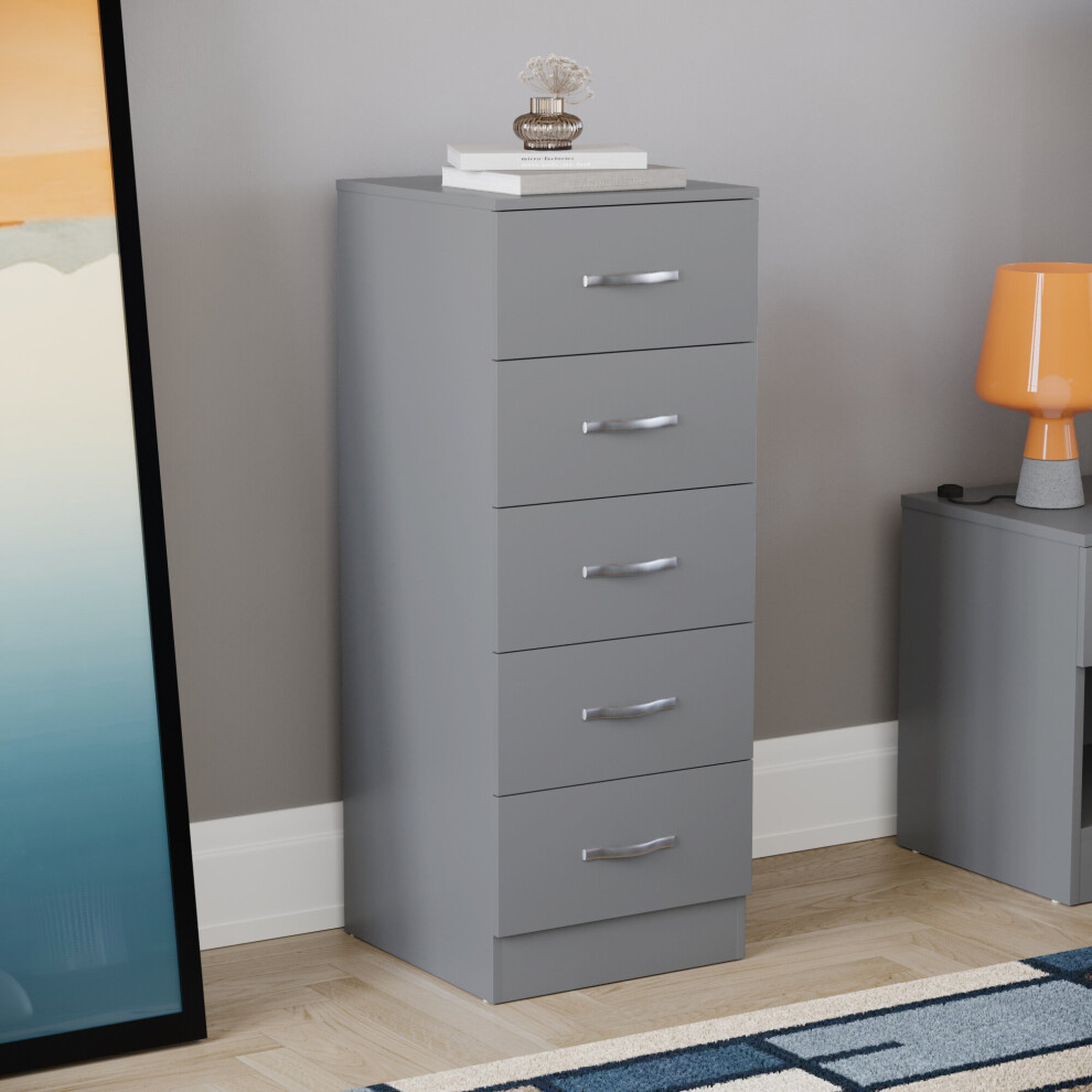 (Grey) Riano 5 Drawer Narrow Chest Bedroom Office Storage