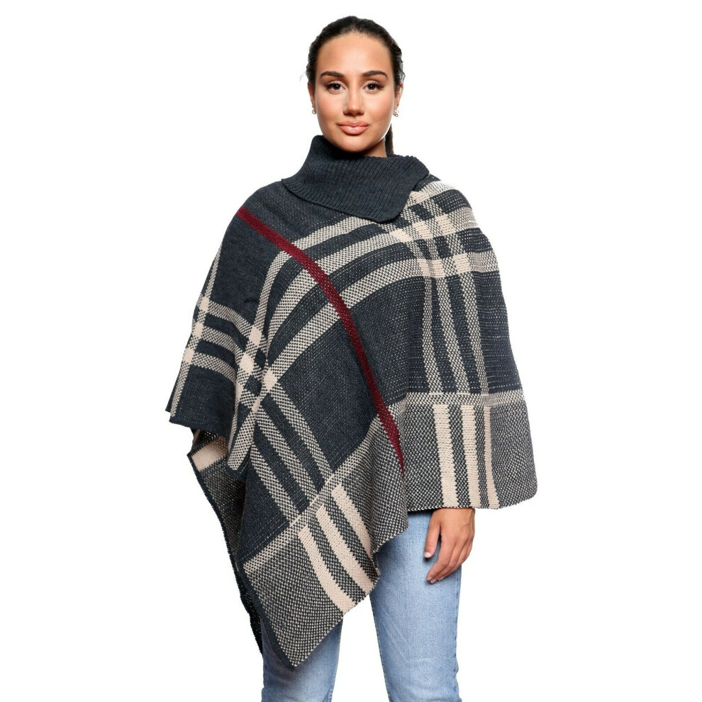 (Charcoal) New UK Womens Poncho Cape Shawl Cardigan High Neck Knitted Tarton UK One Size