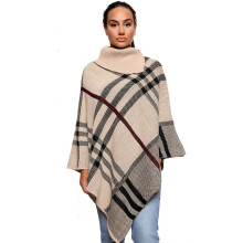 (Stone) New UK Womens Poncho Cape Shawl Cardigan High Neck Knitted Tarton UK One Size