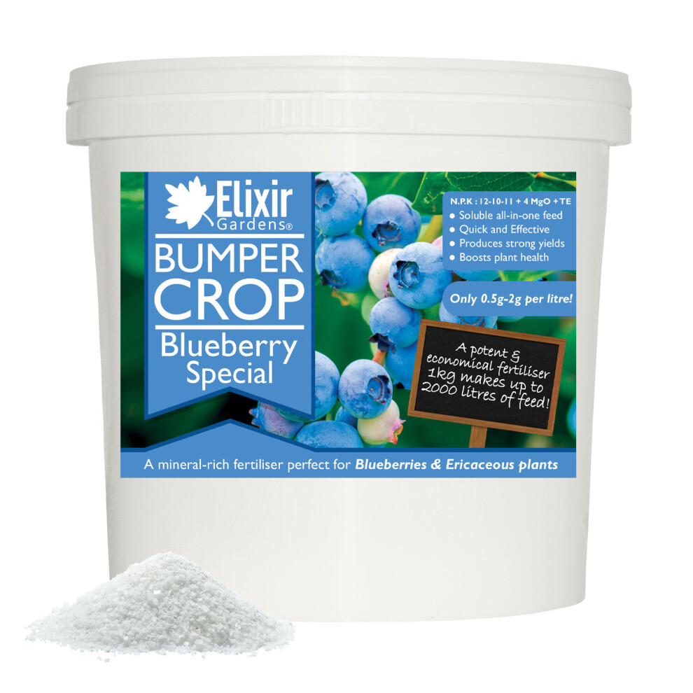 (Tub, 1kg) Bumper Crop Blueberry Special Fertiliser | Soluble Feed for Blueberries | 1kg - 20kg | NPK 12-10-11 + 4