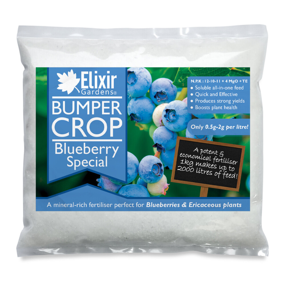 Elixir Garden Supplies (Bag, 2.5Kg) Bumper Crop Blueberry Special Fertiliser | Soluble Feed For Blueberries | 1Kg - 20Kg | Npk 12-10-11 + 4