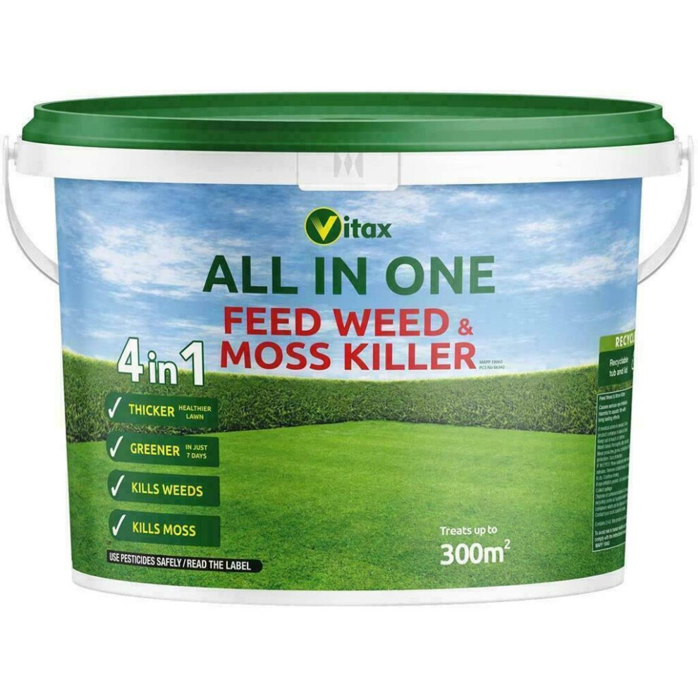 Vitax All 4 in 1 Feed Weed & Moss Killer Garden Grass Thicker Greener Tub 300m2