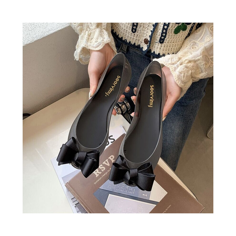 (Black Flower, 38) Summer Women Melisa Jelly Shoes Flat With Bow Adult Casual Comfort Sandals