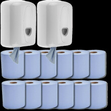 2 White Centerfeed Dispensers with 12x 50m 2-ply Laminated Blue Centerfeed Rolls (2/BCFR/12R)