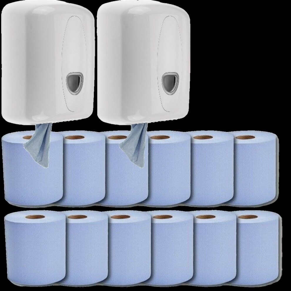 2 Blue Centerfeed Dispensers with 12 Rolls of 50M Center Feed