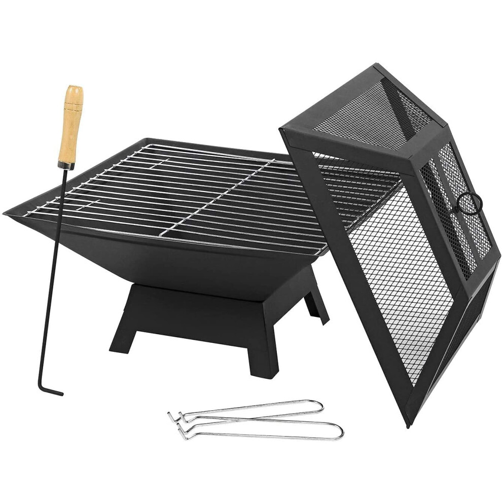 Square Outdoor Black Fire Pit Steel BBQ Patio Garden Camping Fire Pit