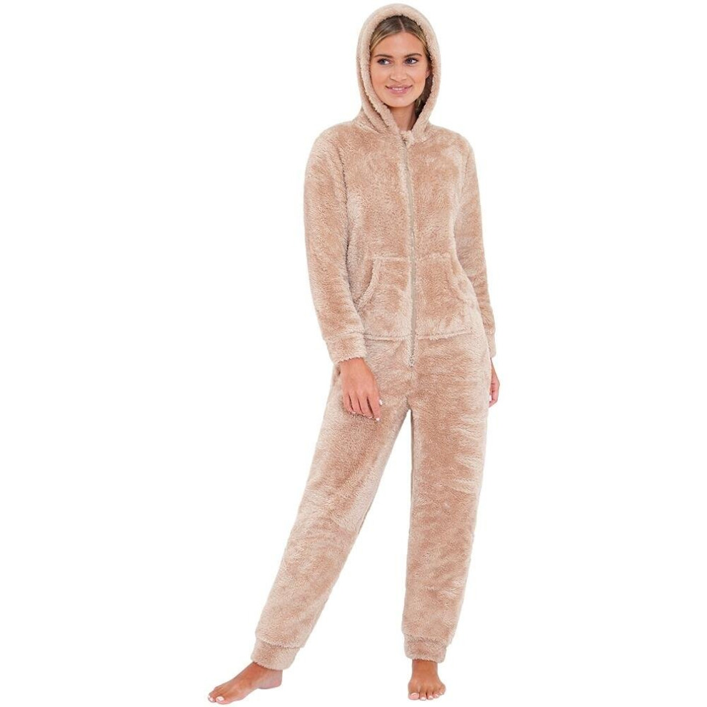 (12-14, Beige) Love To Sleep Women's Fluffy Fleece Hooded Onesie Jumpsuit All In One
