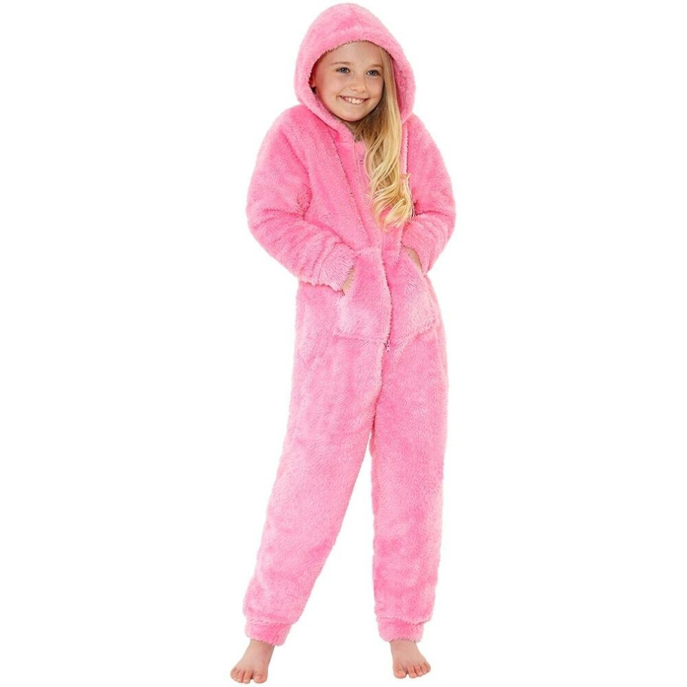 (9-10 Years, Pink) Cozy n Dozy Girls Fluffy Fleece Hooded Onesie Jumpsuit Playsuit