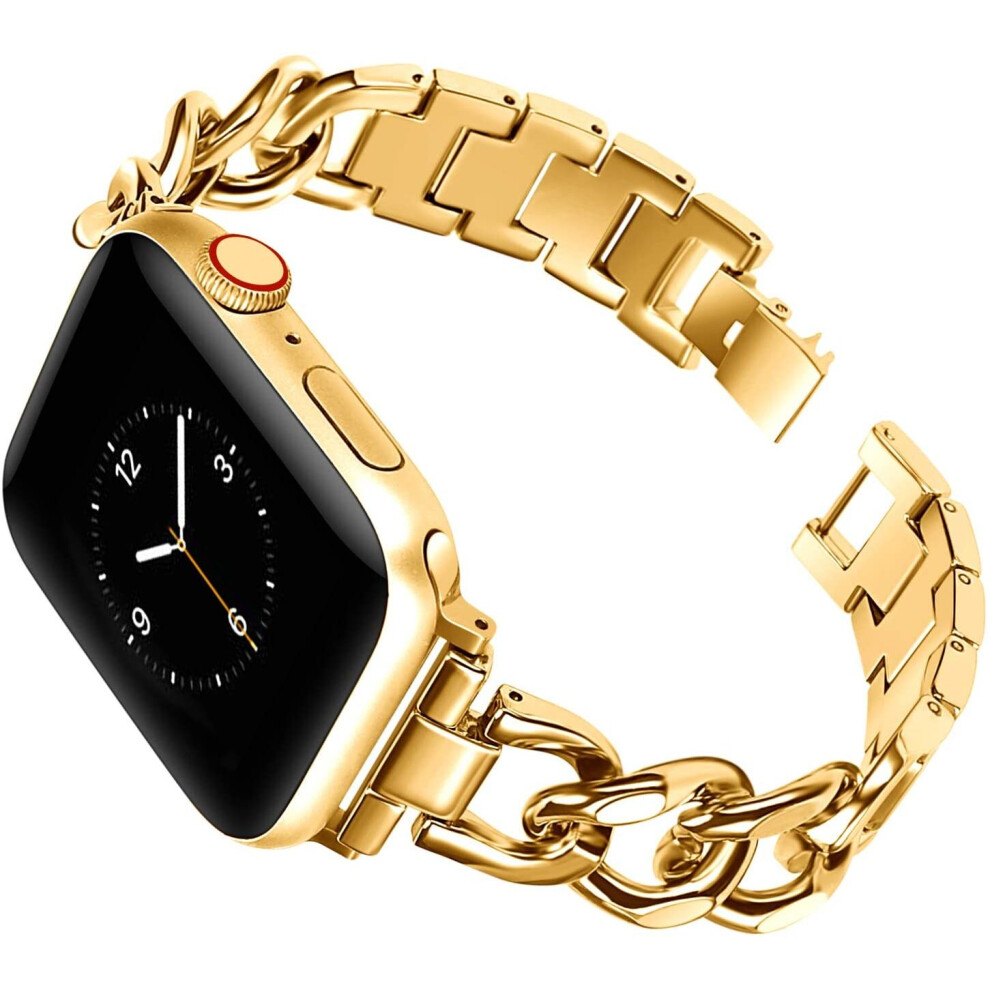 (38mm/40mm/41mm, Gold) Cowboy Chain Stainless steel Metal Strap for Apple Watch Series 38 40 41 42 44 45 mm