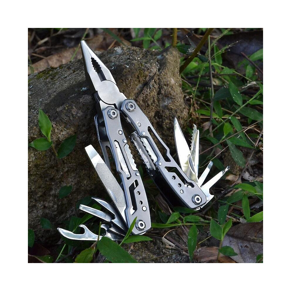 (Grey) 14 In 1 Pocket Knife Pliers Stainless Steel Folding Multifunctional Tool Outdoor Multitool Pliers