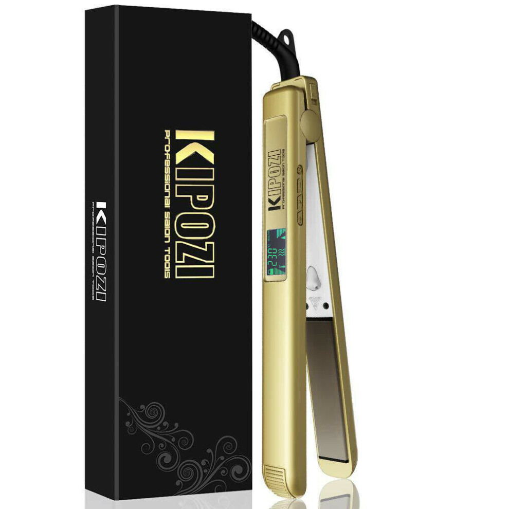 Kipozi Golden Professional Nano-Titanium Hair Straightener With Digital Lcd, 1-Inch Plates, 80-230C, Dual Voltage, Auto-Off, 8Ft Swivel Cord | 6.61586E+11