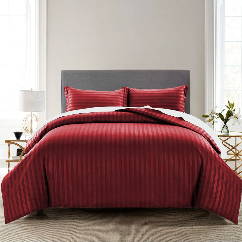 (Burgundy, Double) Satin Striped Duvet Covers & Sets Reversible Quilt Cover Soft Anti-Allergy Hotel Quality 3PC Bedding Set All UK Sizes