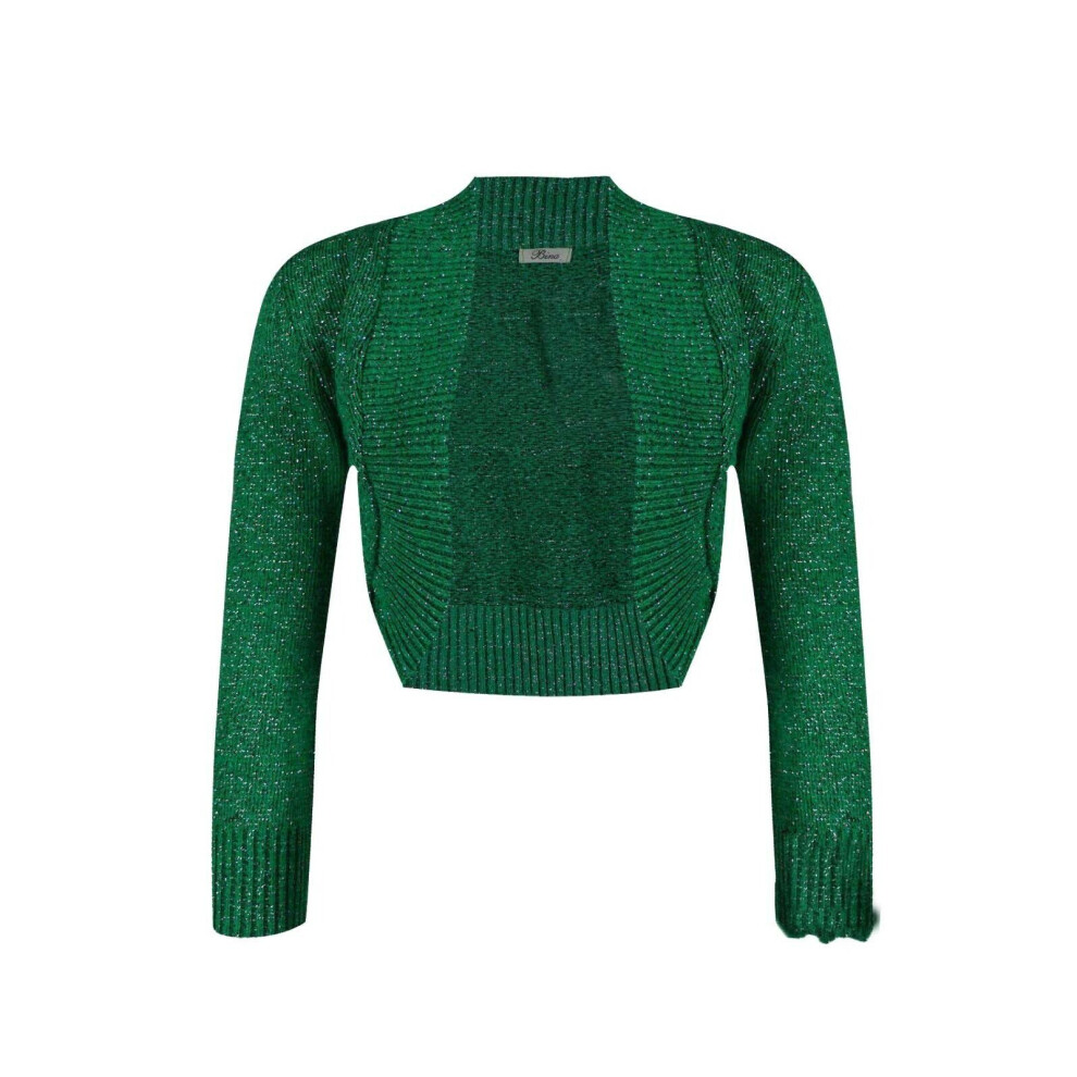 (Green, ML 12-14) Womens Lurex Bolero Shrug Long Sleeve Shiny Knitted Top Cardigan Crop Short UK