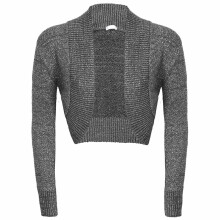 (Charcoal , ML 12-14) Womens Lurex Bolero Shrug Long Sleeve Shiny Knitted Top Cardigan Crop Short UK
