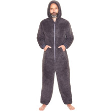 (Large, Charcoal) Just Essentials Mens Fluffy Fleece Hooded Onesie Jumpsuit All In One