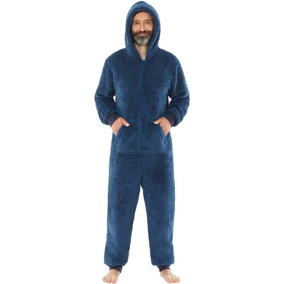 (Medium, Light Navy) Just Essentials Mens Fluffy Fleece Hooded Onesie Jumpsuit All In One