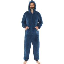 (X-Large, Light Navy) Just Essentials Mens Fluffy Fleece Hooded Onesie Jumpsuit All In One