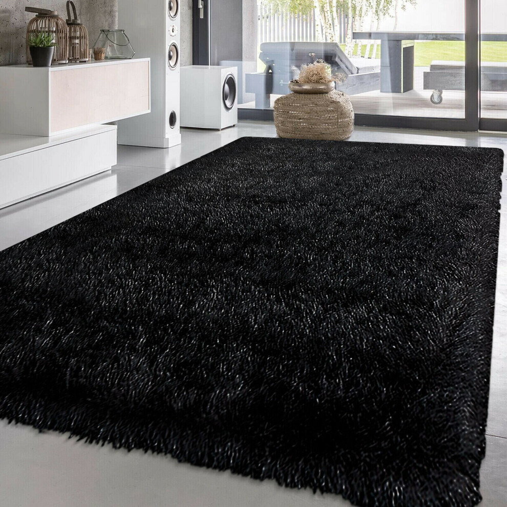 (Black, 120 x 170 cm) New Modern Non slip Fluffy Thick Shaggy Natty Rug