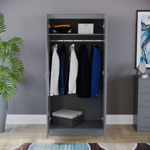 Home Discount (Grey) Riano 2 Door Wardrobe Hanging Rail Shelf Storage 2