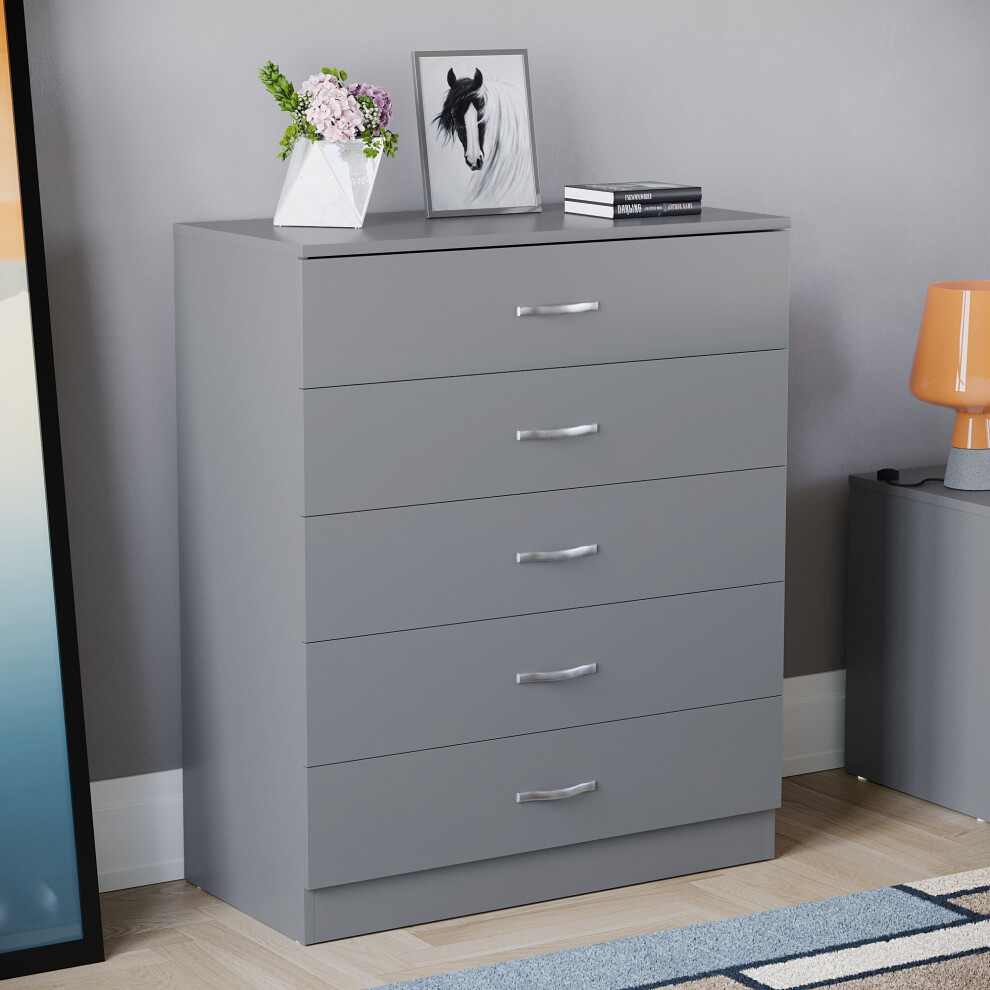 (Grey) Riano 5 Drawer Chest of Drawers Bedroom Storage Unit