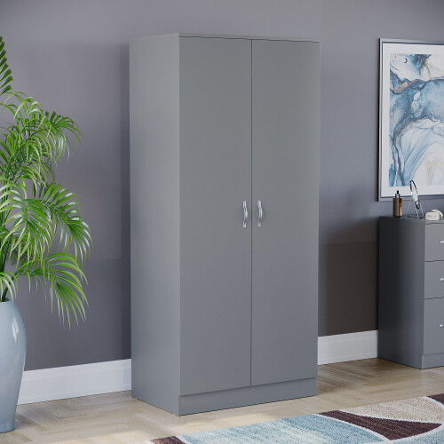 Home Discount (Grey) Riano 2 Door Wardrobe Hanging Rail Shelf Storage