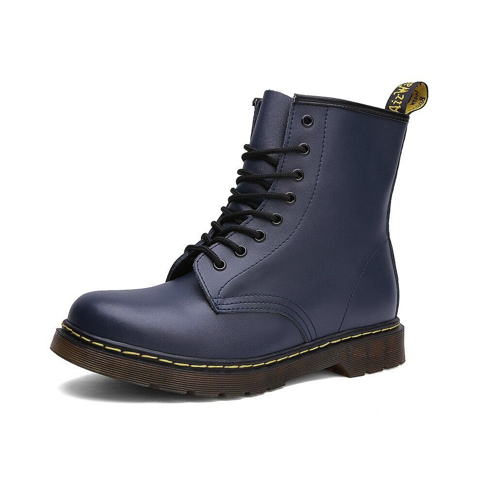 (Blue, 38) Women Boots Leather Shoes High Top Fashion Motorcycle Men Boots Couple Unisex