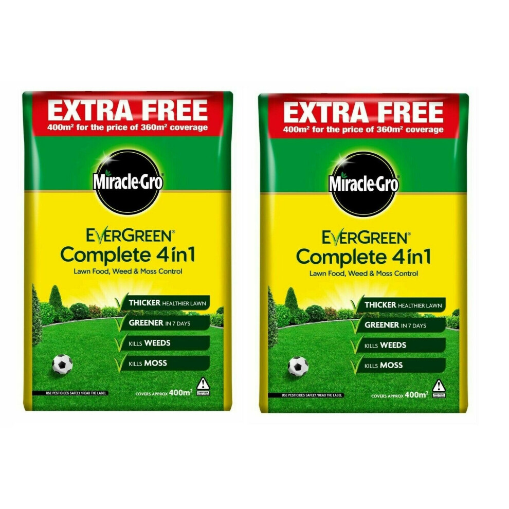 (Miracle Gro Evergreen 4 in 1 Complete 400sqm Lawn Food Weed & Moss Control Feed Pack of 2) EverGreen 360sqm Complete 4-in-1 Lawn Care Weed